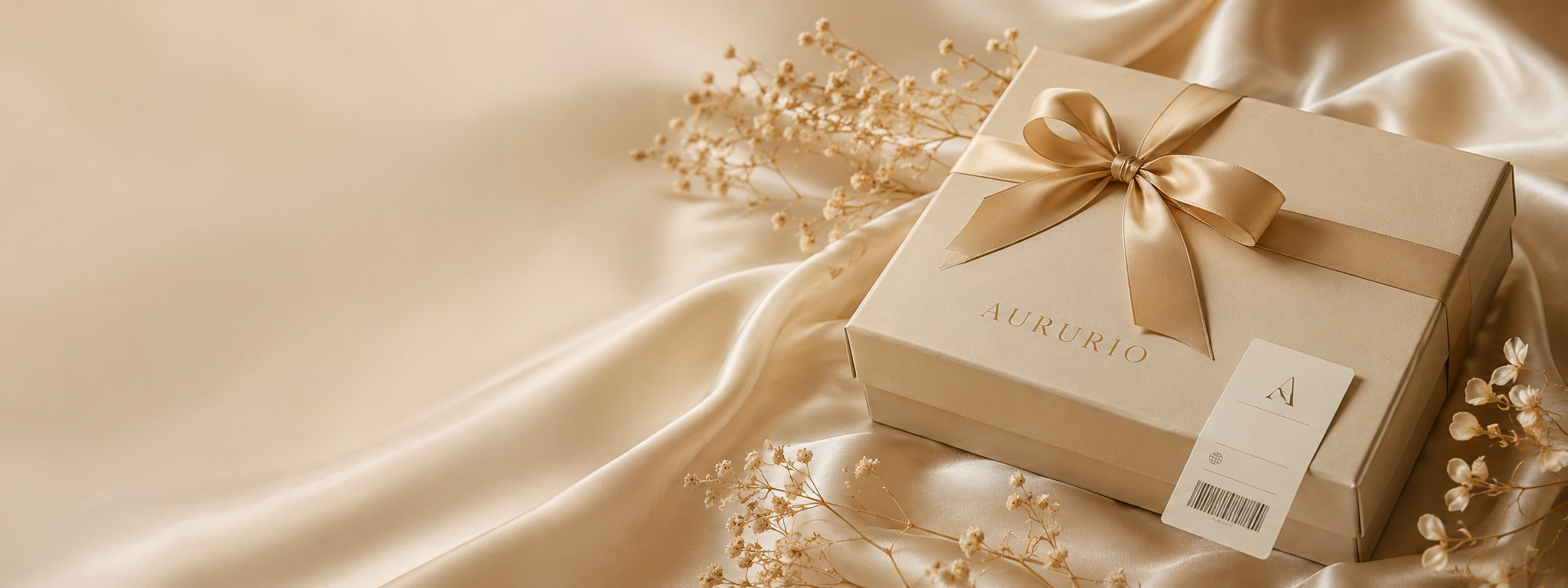 Aururio parcel with shipping label and gold ribbon