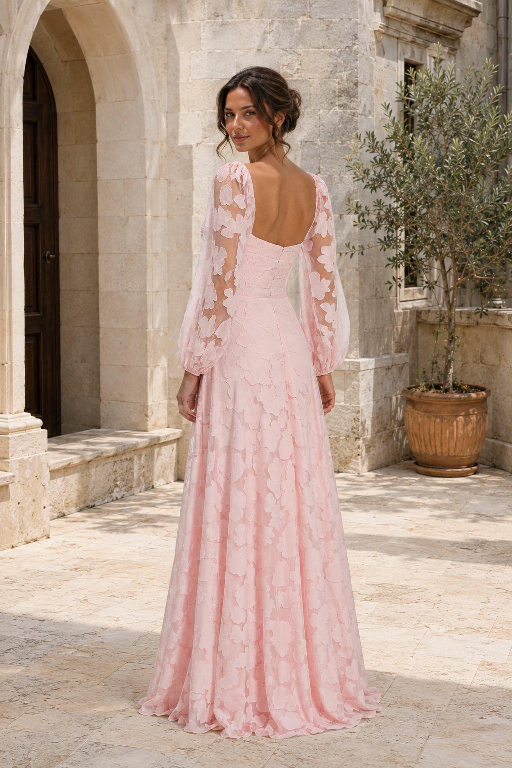 Pink Floral Appliqué Square-Neck A-Line Gown