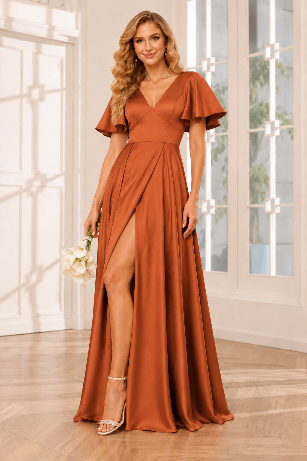 Deep V-Neck Flutter Sleeve A-Line Evening Gown with Slit