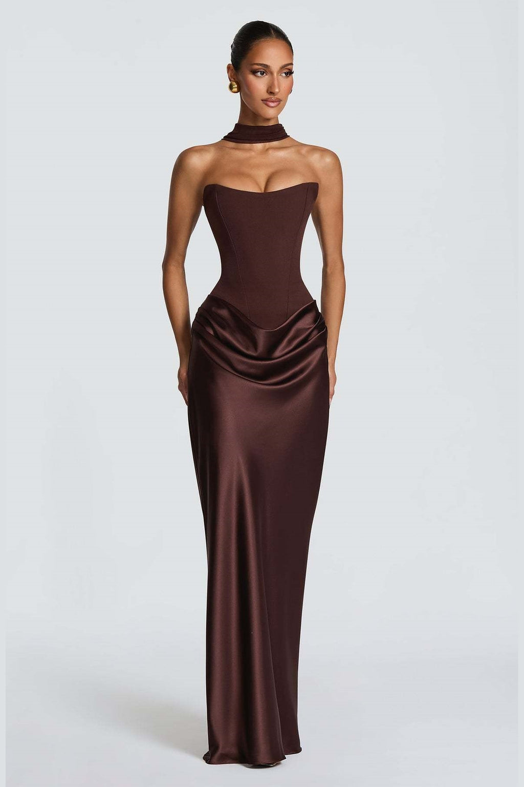 Strapless Draped Column Evening Gown