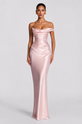 Draped Off-Shoulder Satin Column Gown