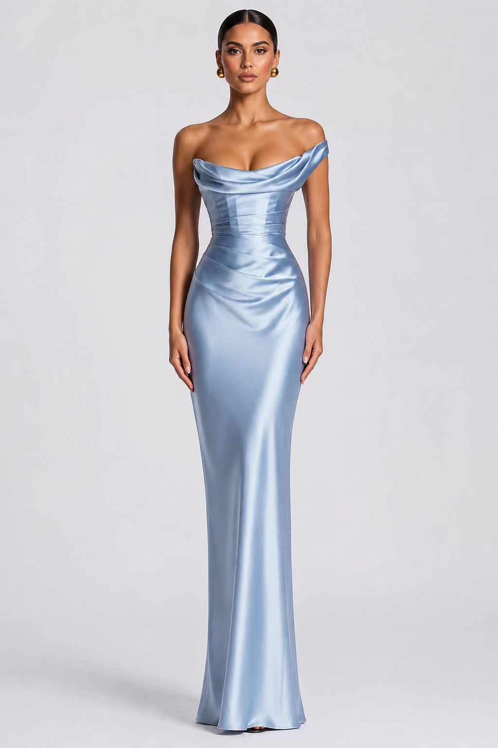 Draped Off-Shoulder Satin Column Gown