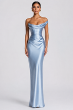 Draped Off-Shoulder Satin Column Gown