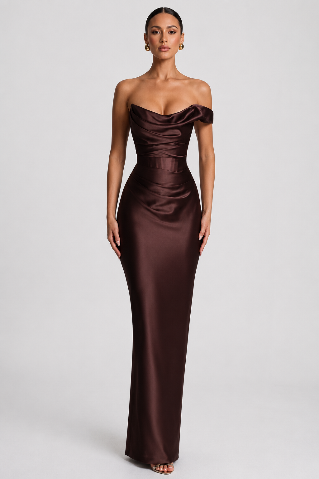 Draped Off-Shoulder Satin Column Gown