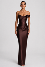 Draped Off-Shoulder Satin Column Gown