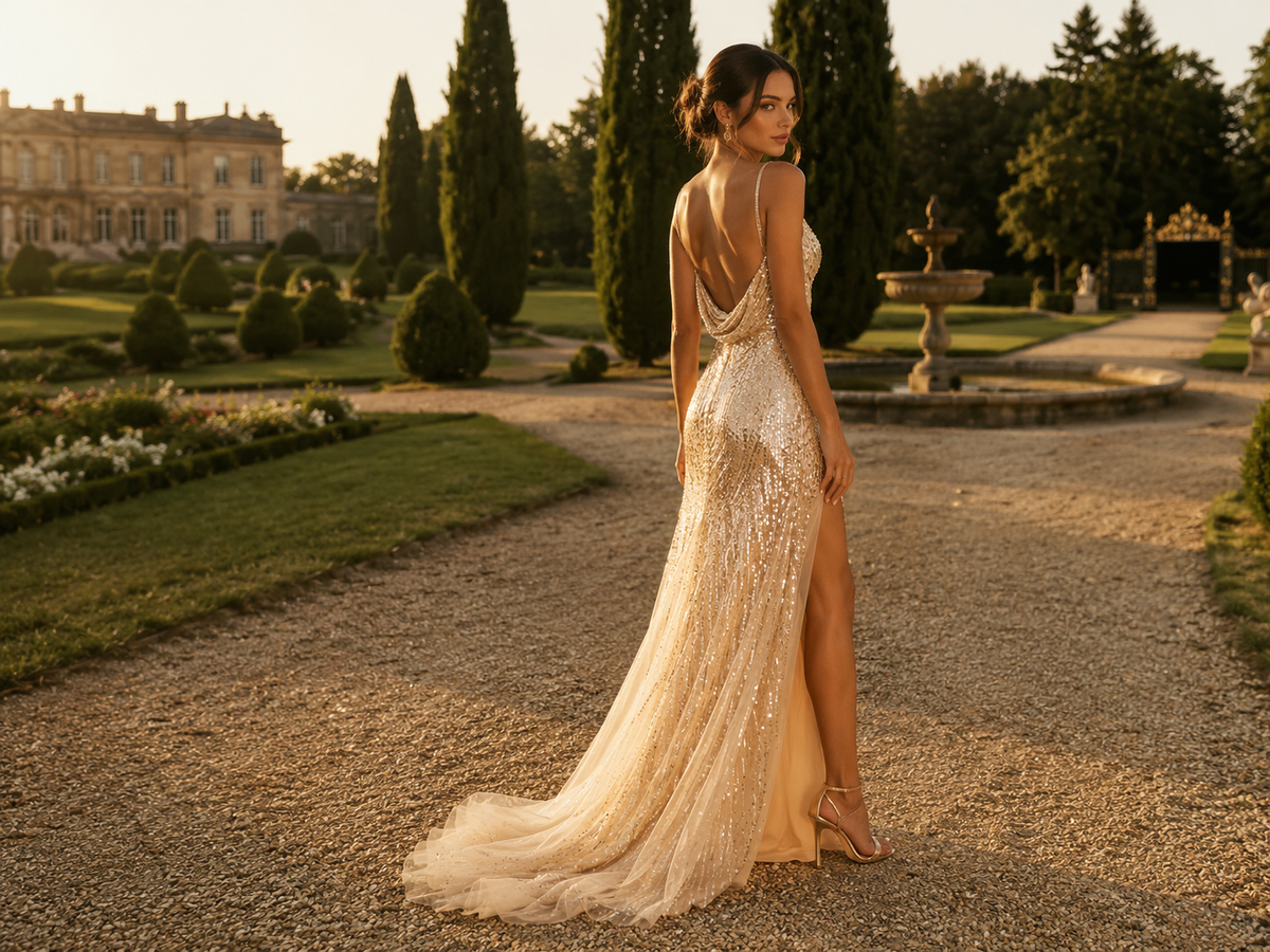 Luxury champagne evening gown in estate garden