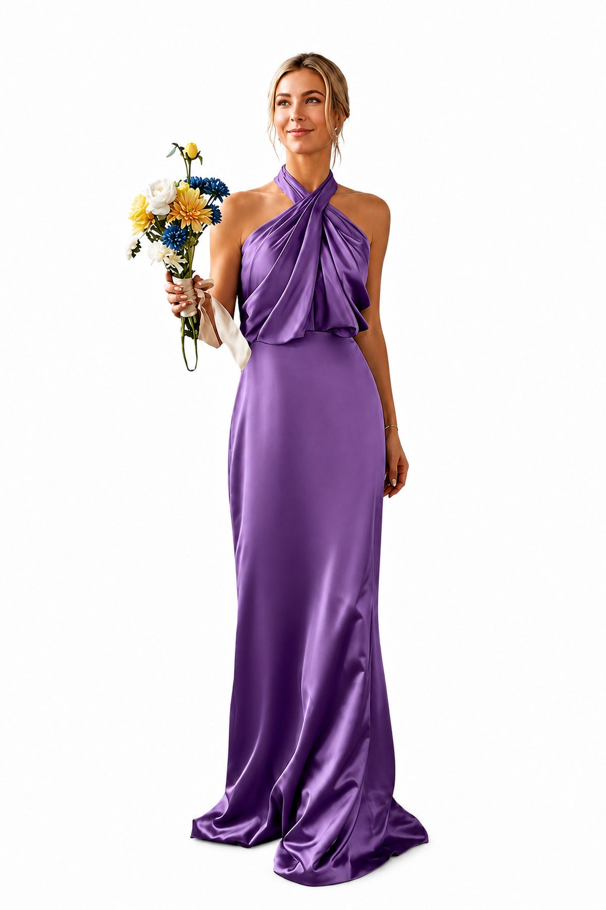 Asymmetric Draped Halter A-Line Evening Gown
