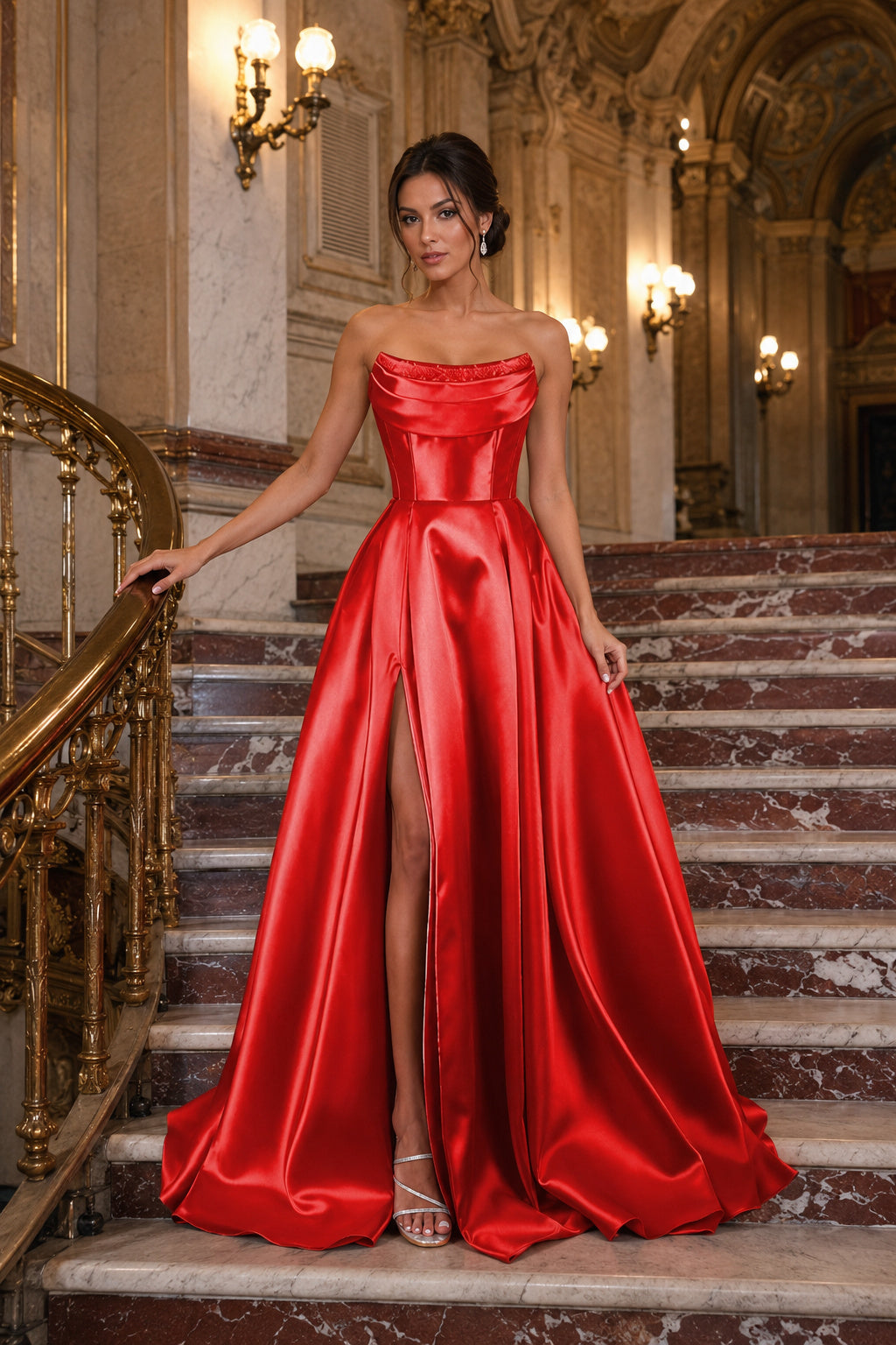 Draped Strapless High-Slit A-Line Evening Gown