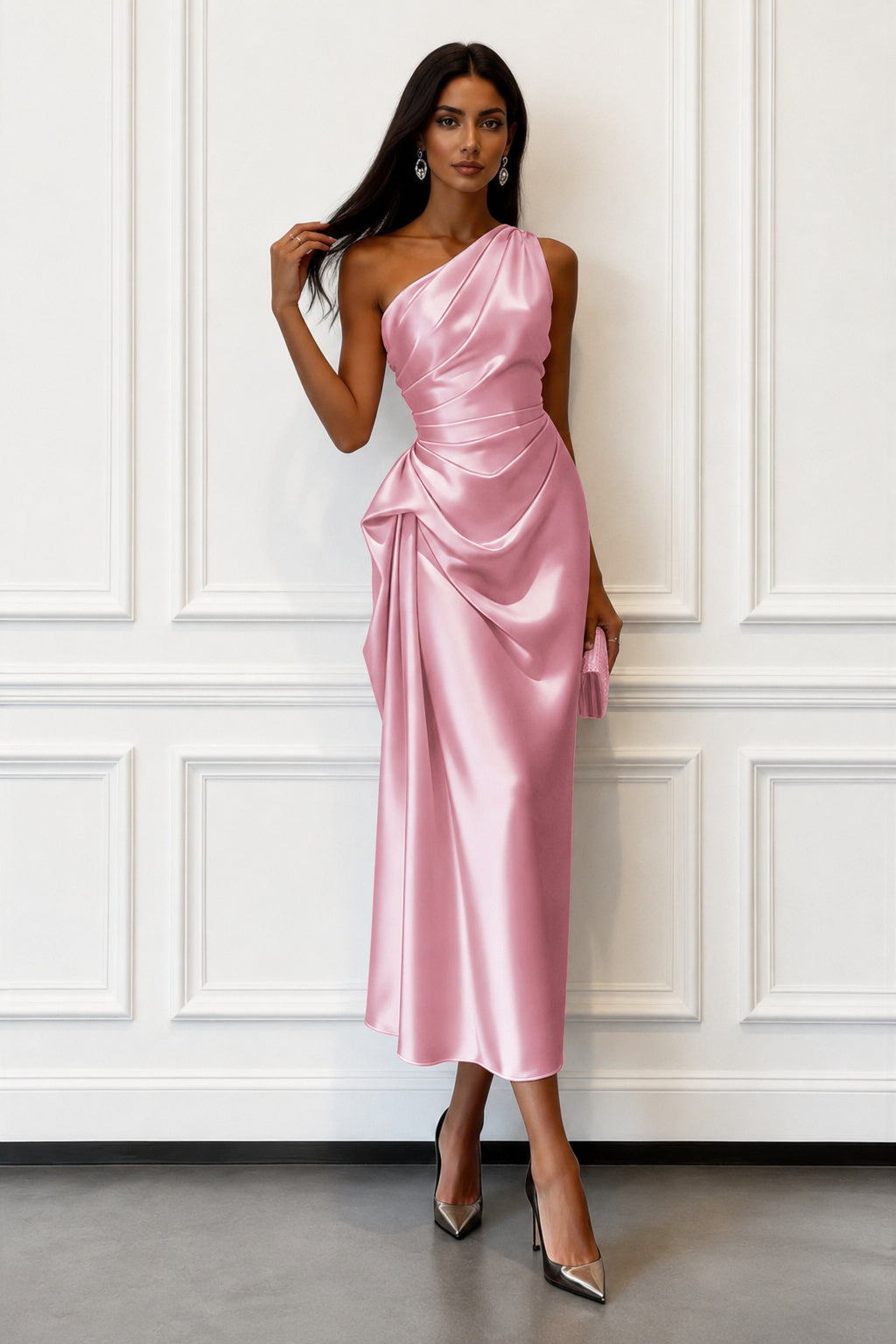 One-Shoulder Draped Midi Evening Dress