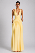 Soft yellow deep V halter high-slit A-line evening gown