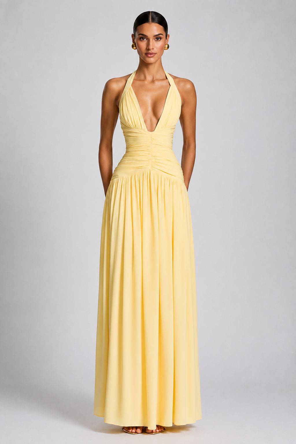 Deep-V Halter High-Slit A-Line Evening Gown