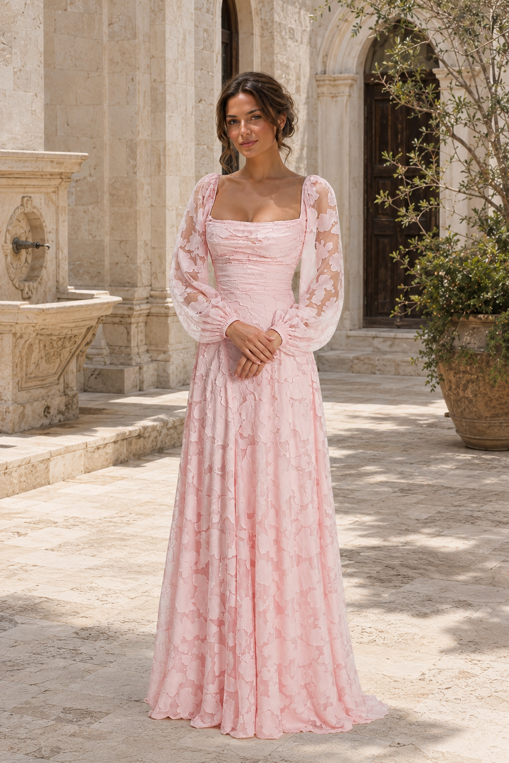 Pink Floral Appliqué Square-Neck A-Line Gown