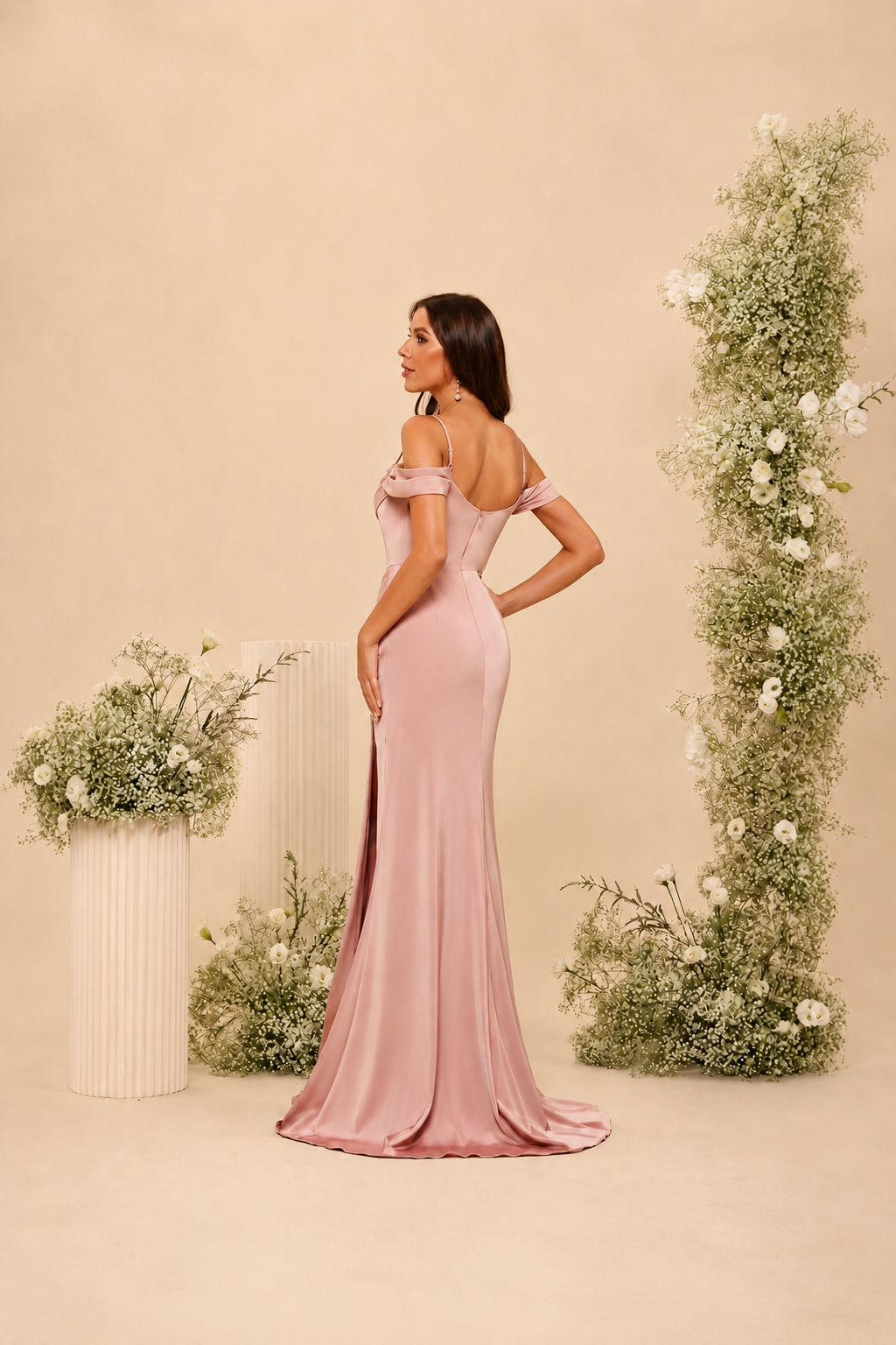 Draped Off-Shoulder A-Line Evening Gown with Side Slit