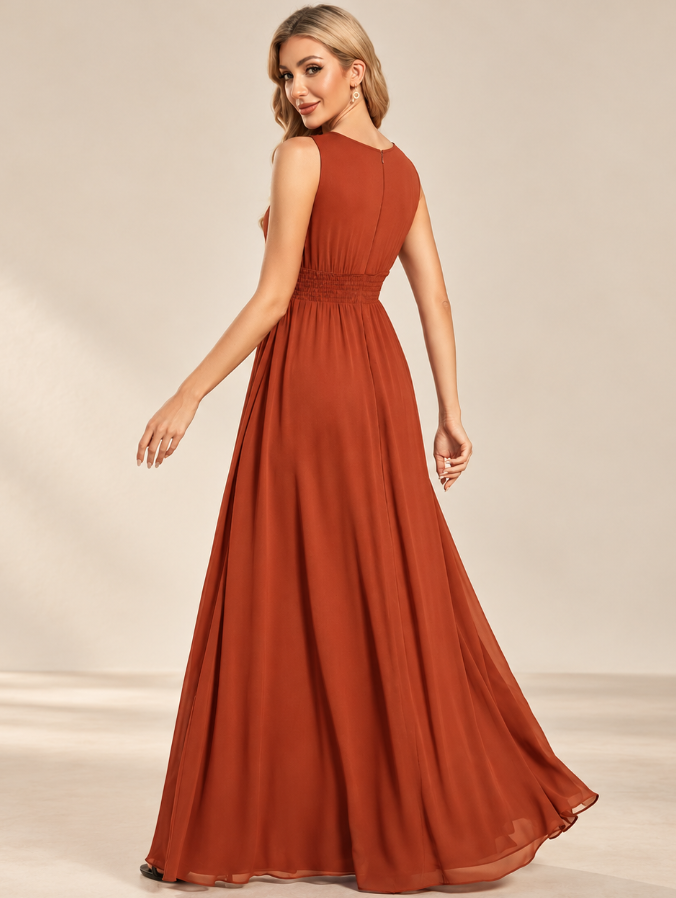 Keyhole Neck Pleated A-Line Evening Gown
