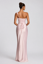 Draped Off-Shoulder Satin Column Gown