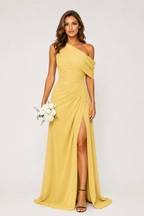 One-Shoulder Draped Ruched High-Slit Evening Gown