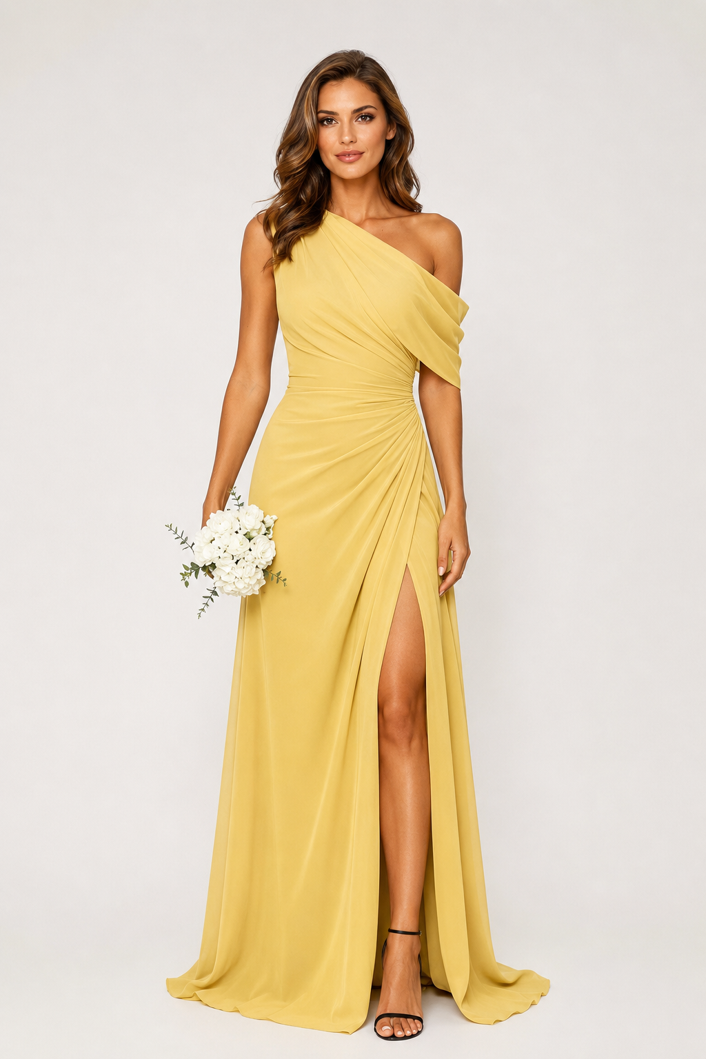 One-Shoulder Draped Ruched High-Slit Evening Gown