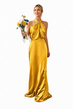 Asymmetric Draped Halter A-Line Evening Gown