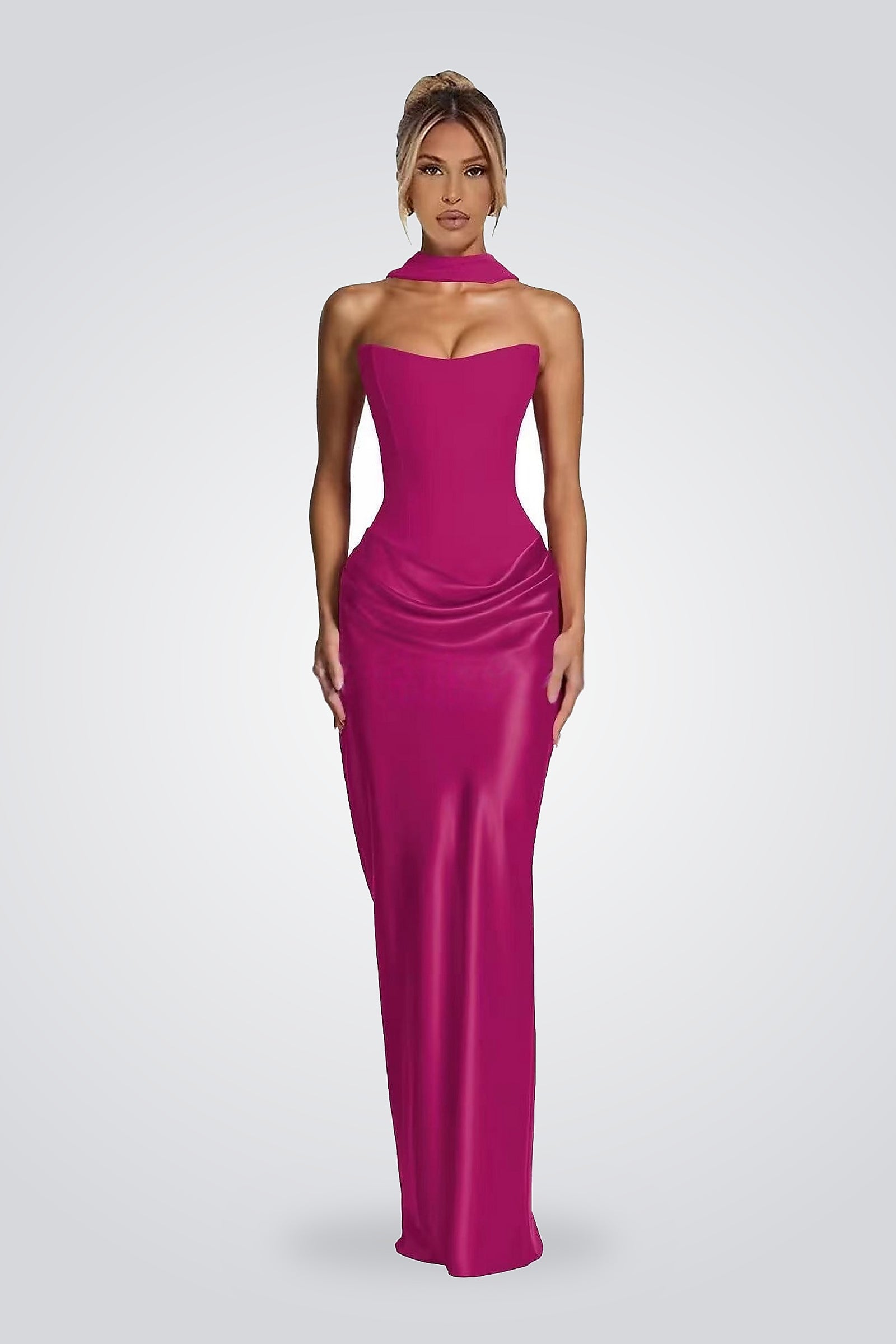 Strapless Draped Column Evening Gown