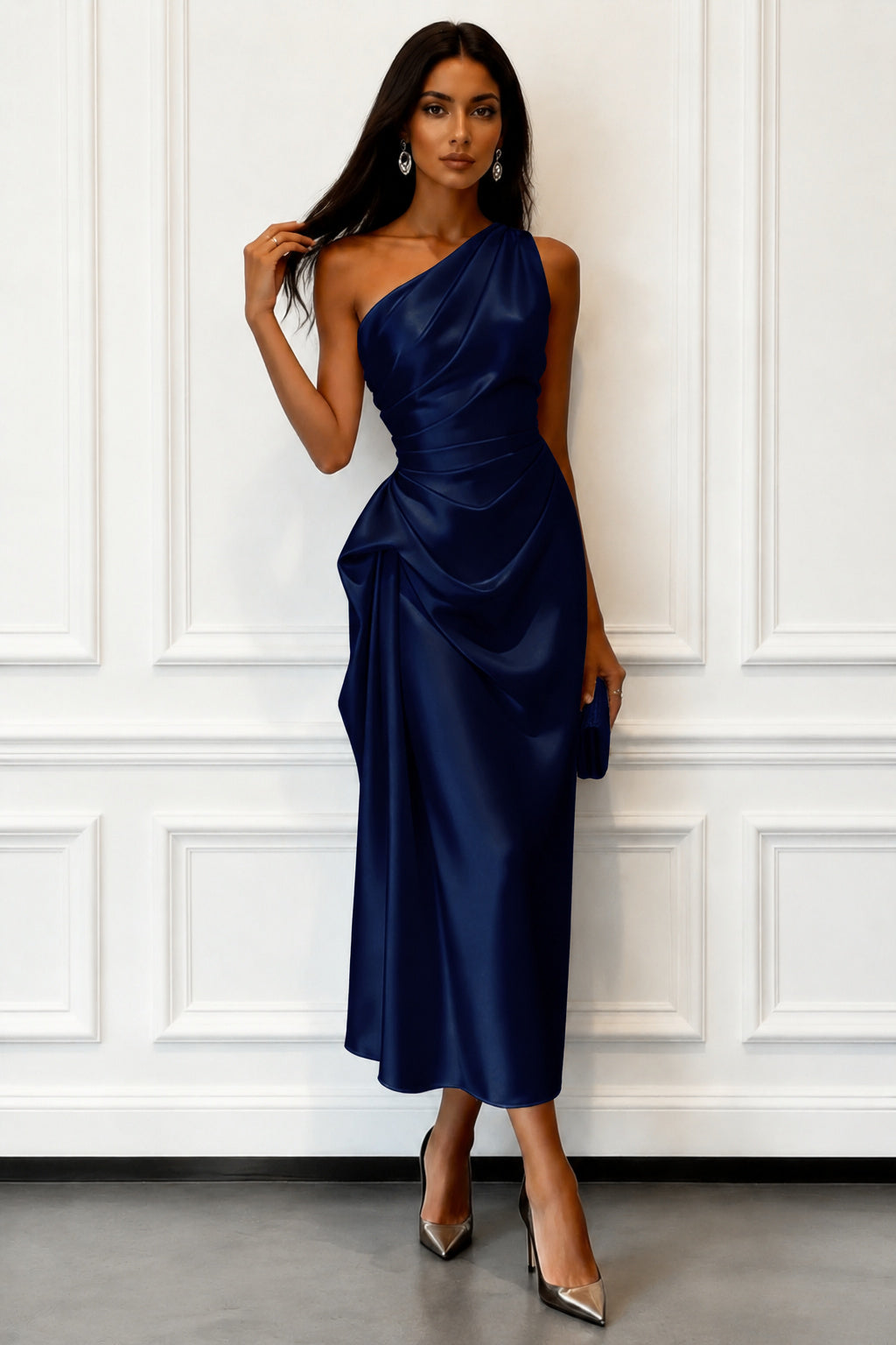 One-Shoulder Draped Midi Evening Dress