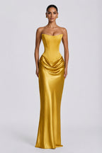 Strapless Draped Column Evening Gown