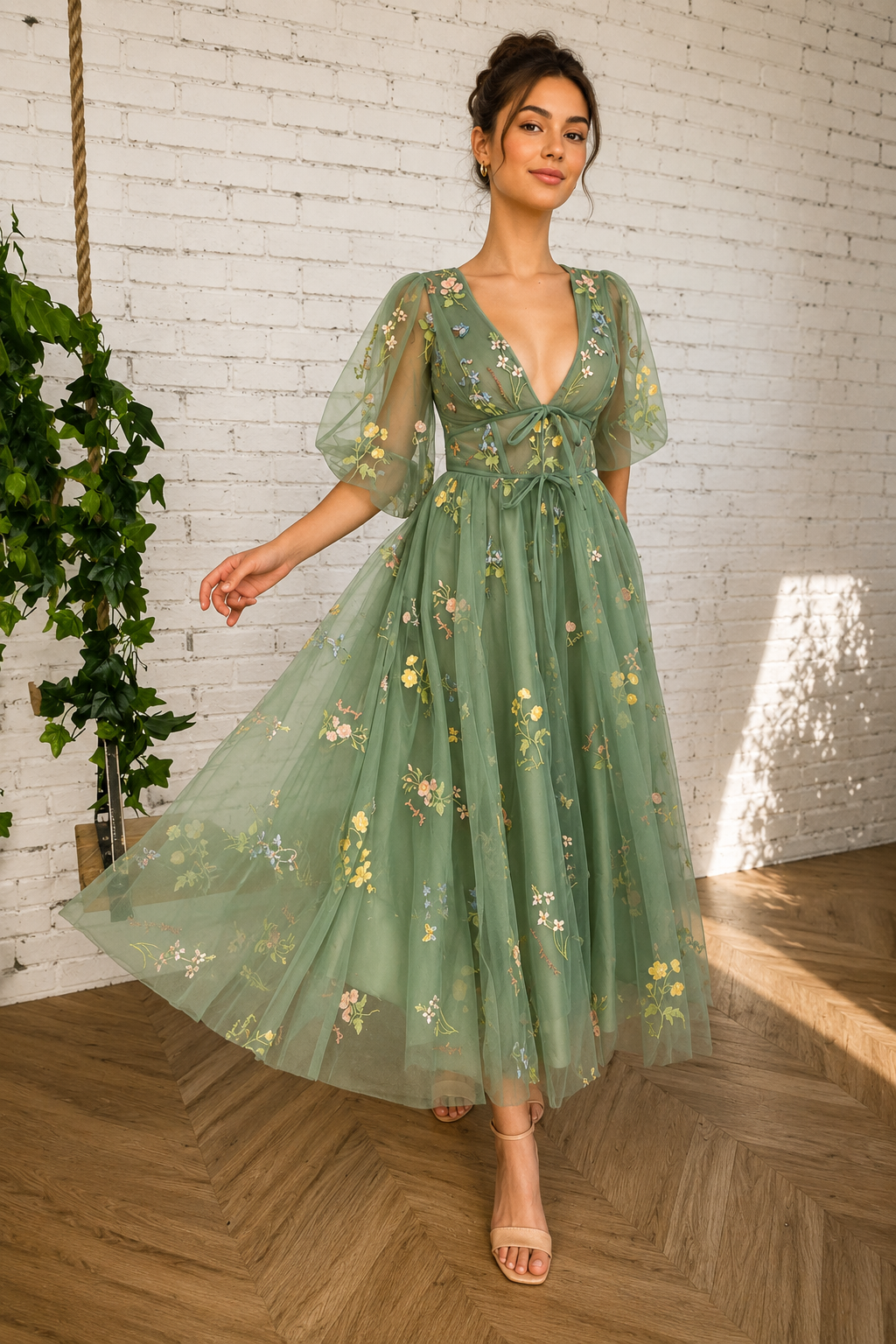 Green Floral V-Neck A-Line Evening Dress