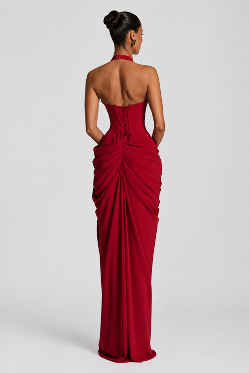Deep V Halter Ruched High-Slit Evening Gown