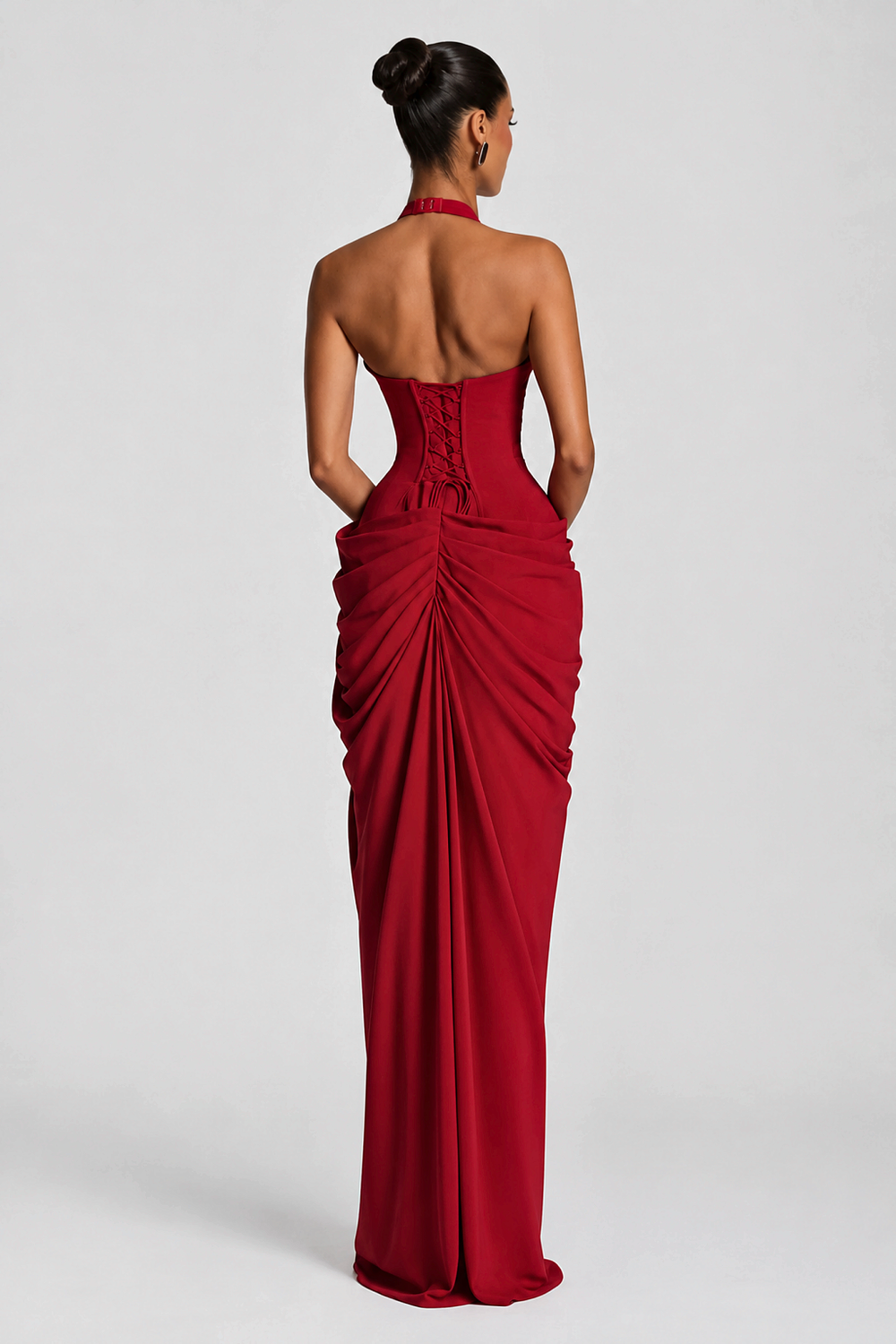 Deep V Halter Ruched High-Slit Evening Gown