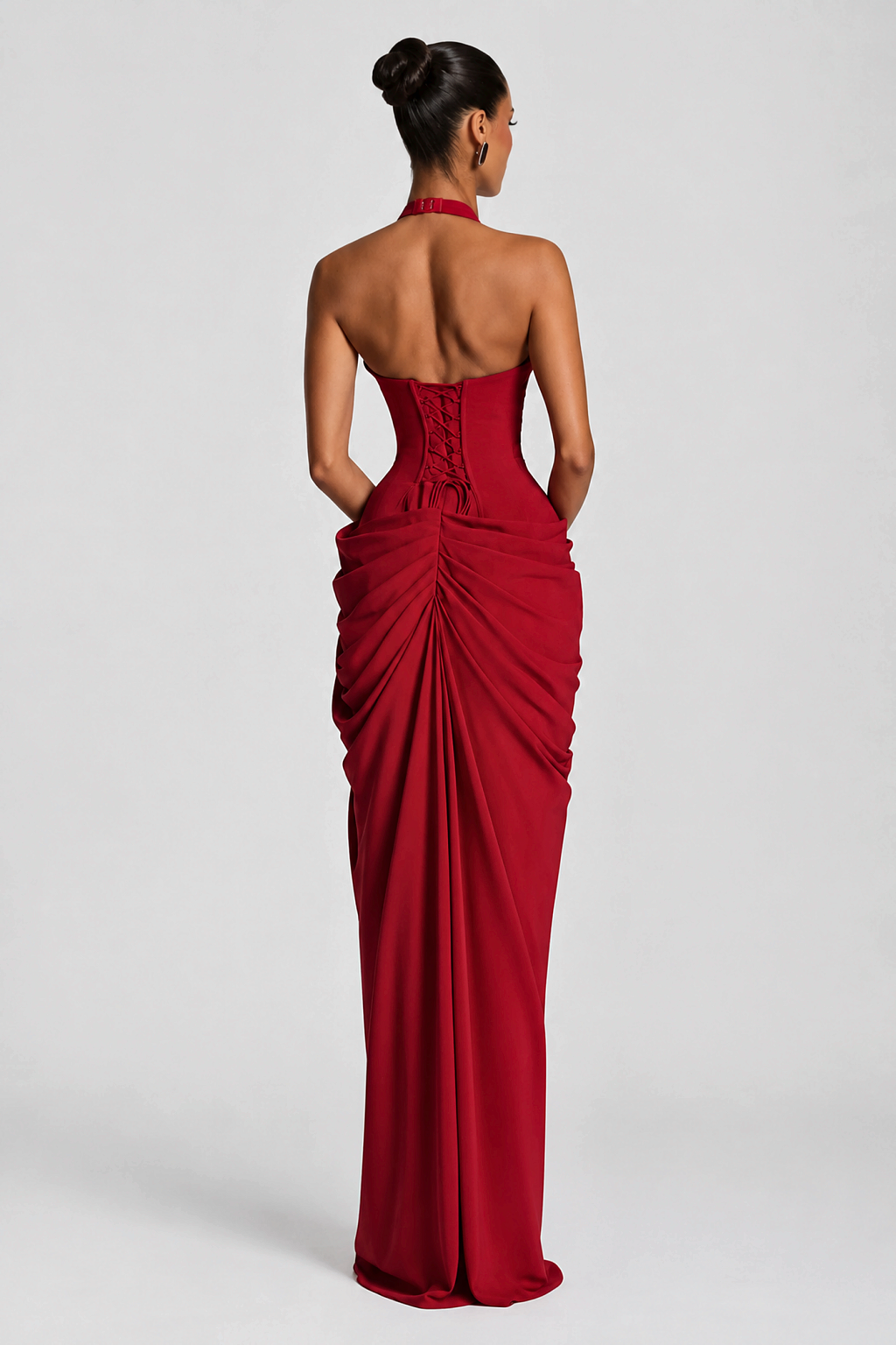 Deep V Halter Ruched High-Slit Evening Gown