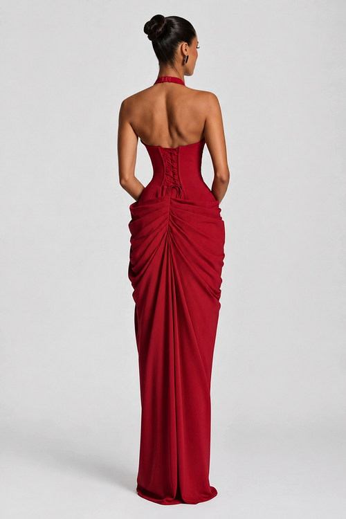 Deep V Halter Ruched High-Slit Evening Gown