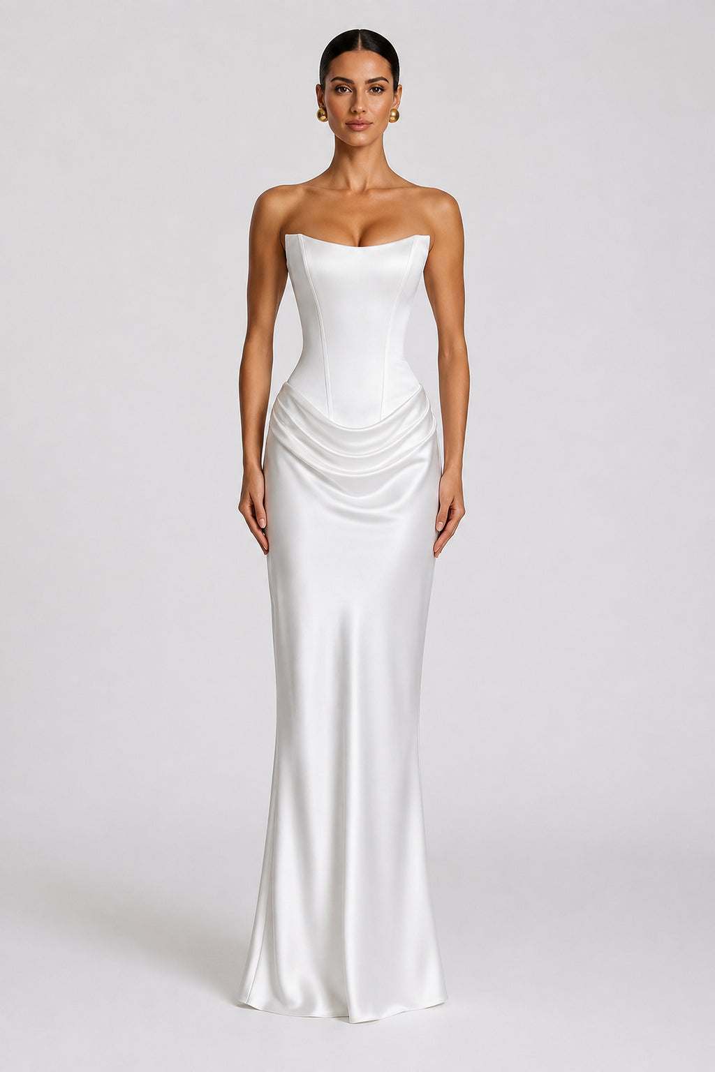 Strapless Draped Column Evening Gown