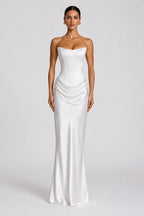 Strapless Draped Column Evening Gown