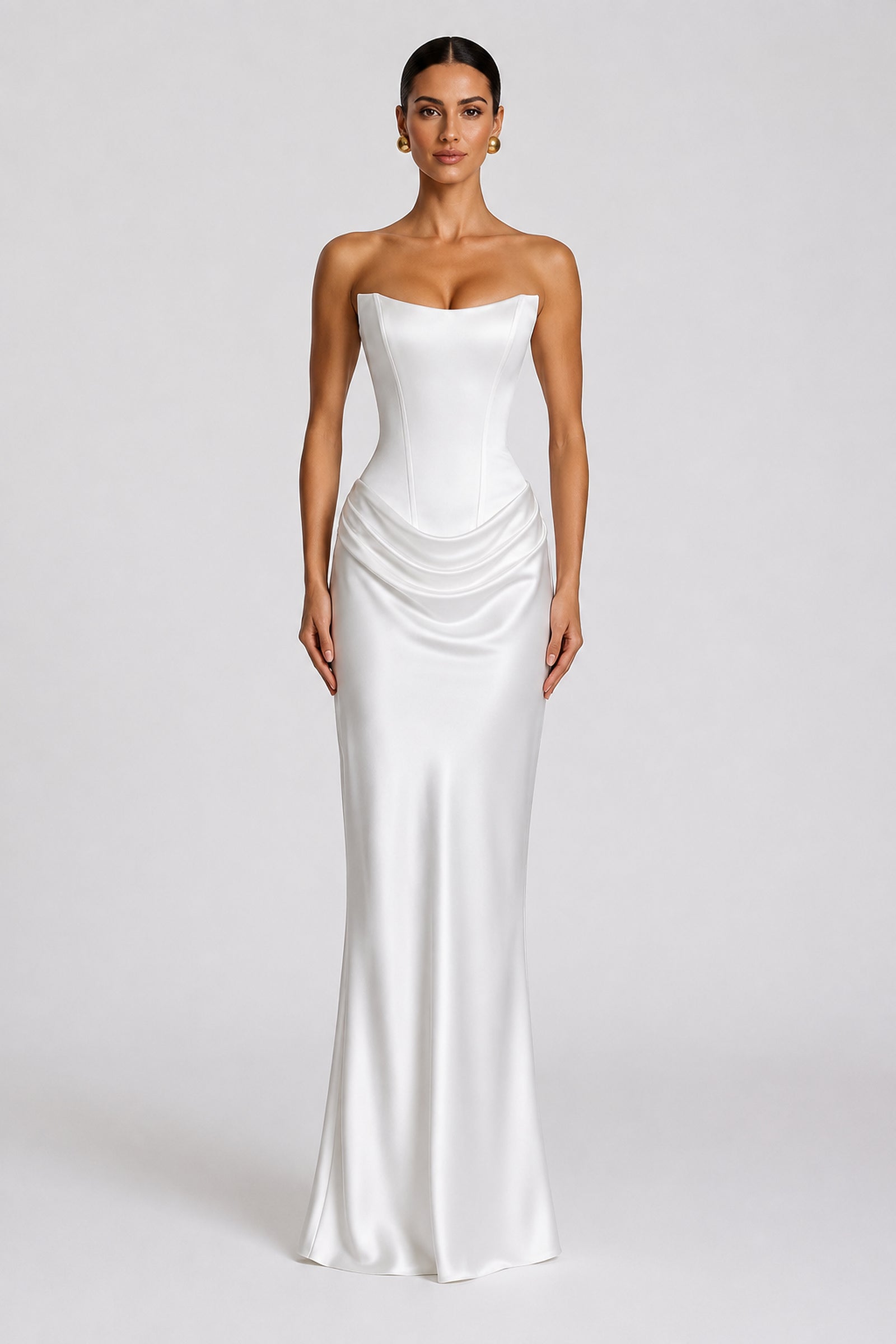 Strapless Draped Column Evening Gown