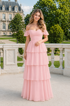 Ruffle-Sleeve Tiered Floor-Length Formal Gown