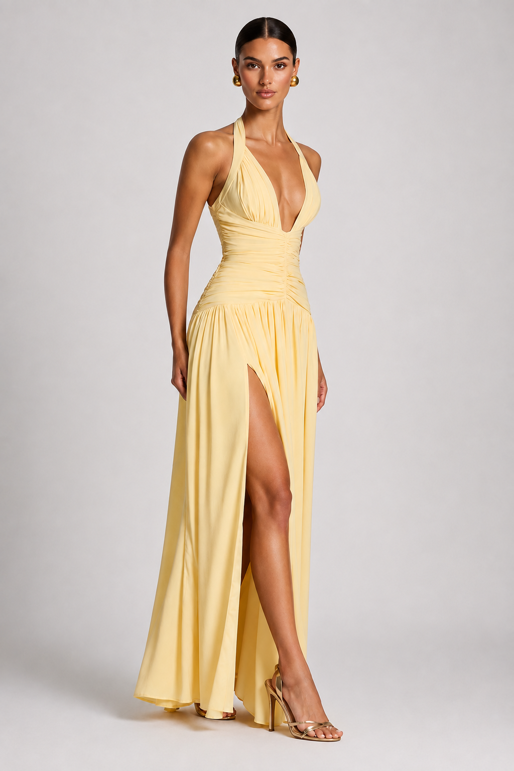 Deep-V Halter High-Slit A-Line Evening Gown