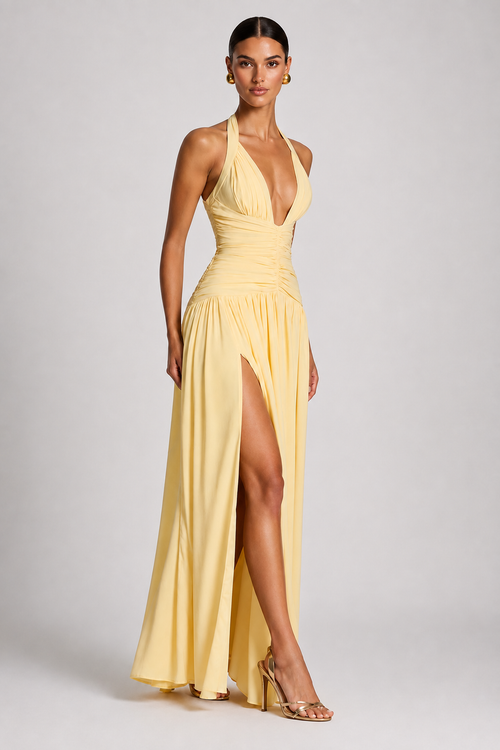 Deep-V Halter High-Slit A-Line Evening Gown