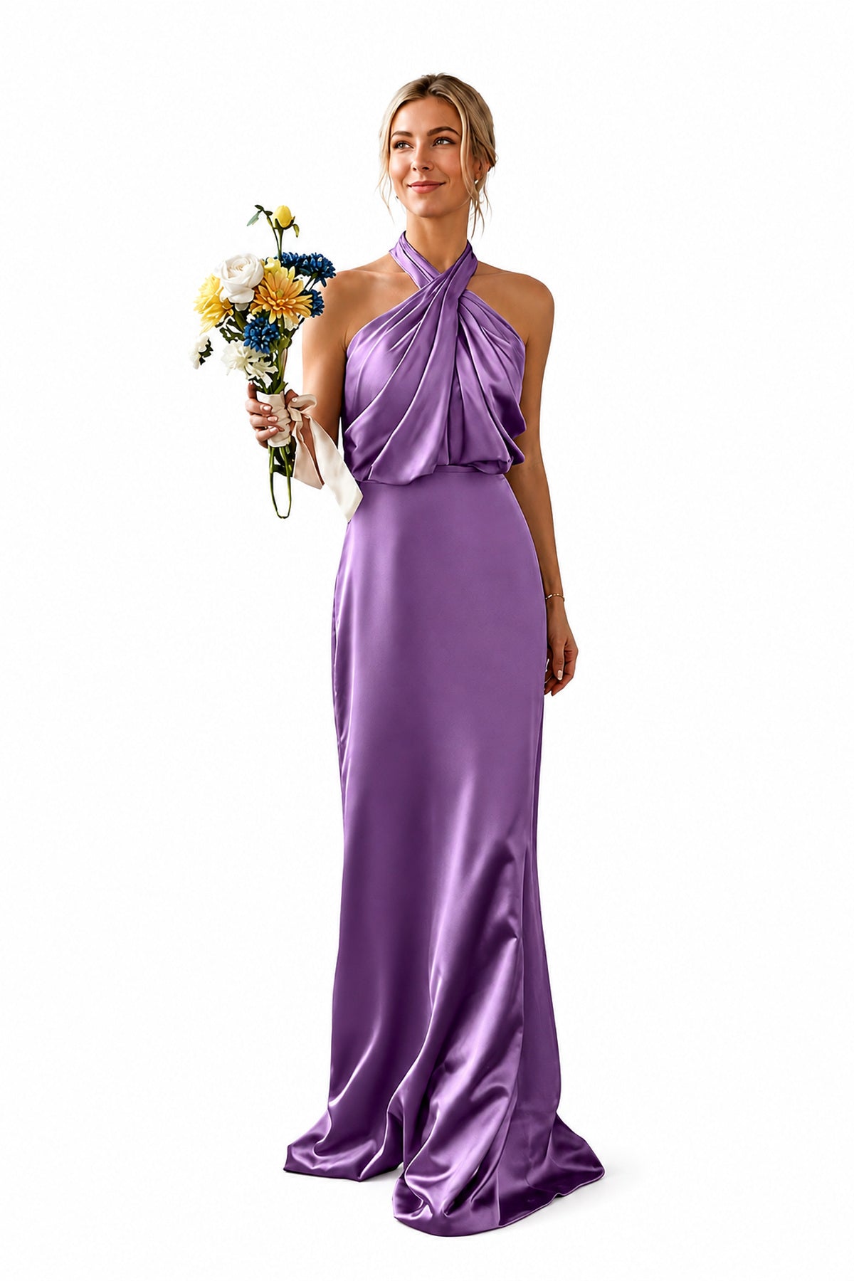 Asymmetric Draped Halter A-Line Evening Gown