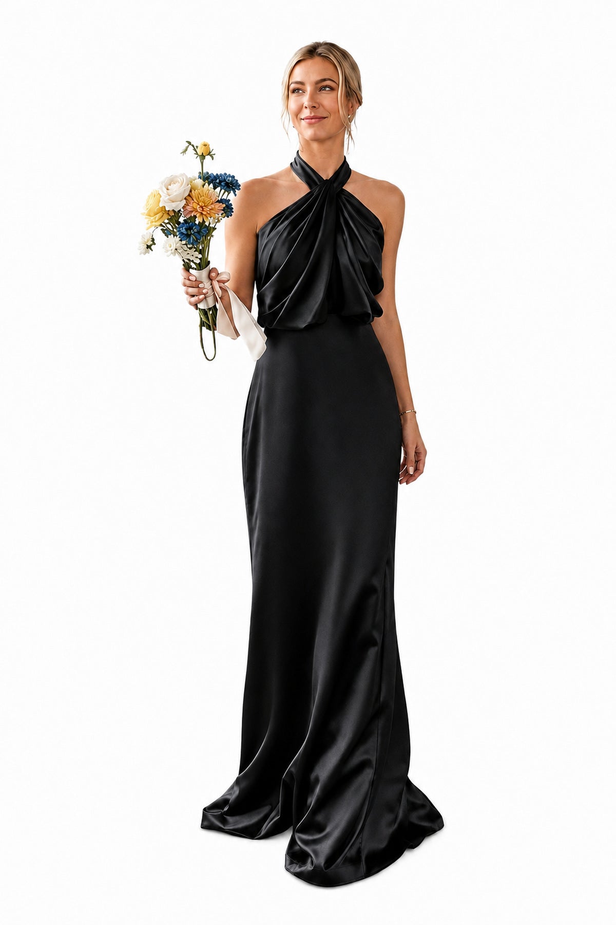 Asymmetric Draped Halter A-Line Evening Gown