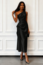 One-Shoulder Draped Midi Evening Dress