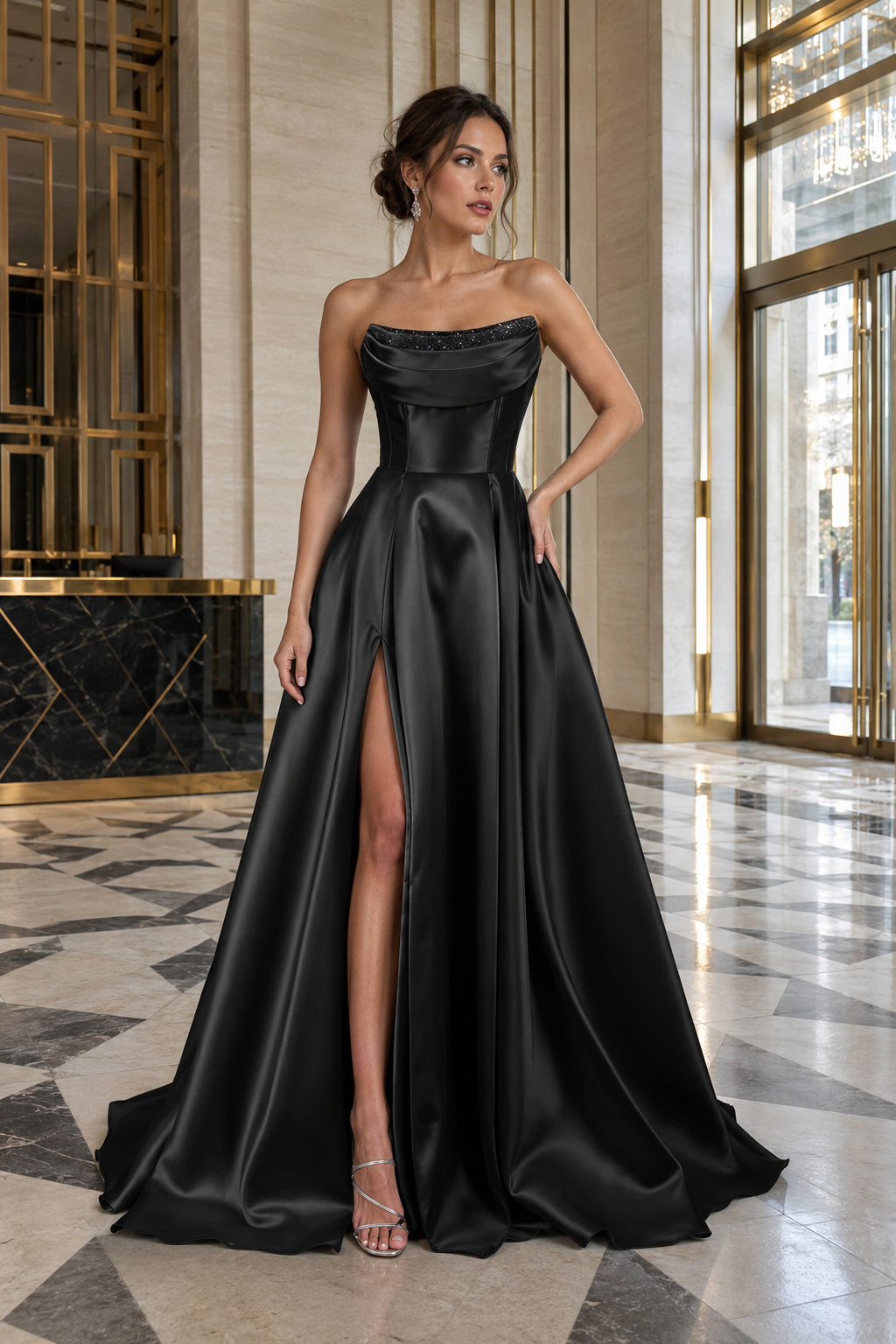 Draped Strapless High-Slit A-Line Evening Gown