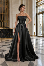 Draped Strapless High-Slit A-Line Evening Gown