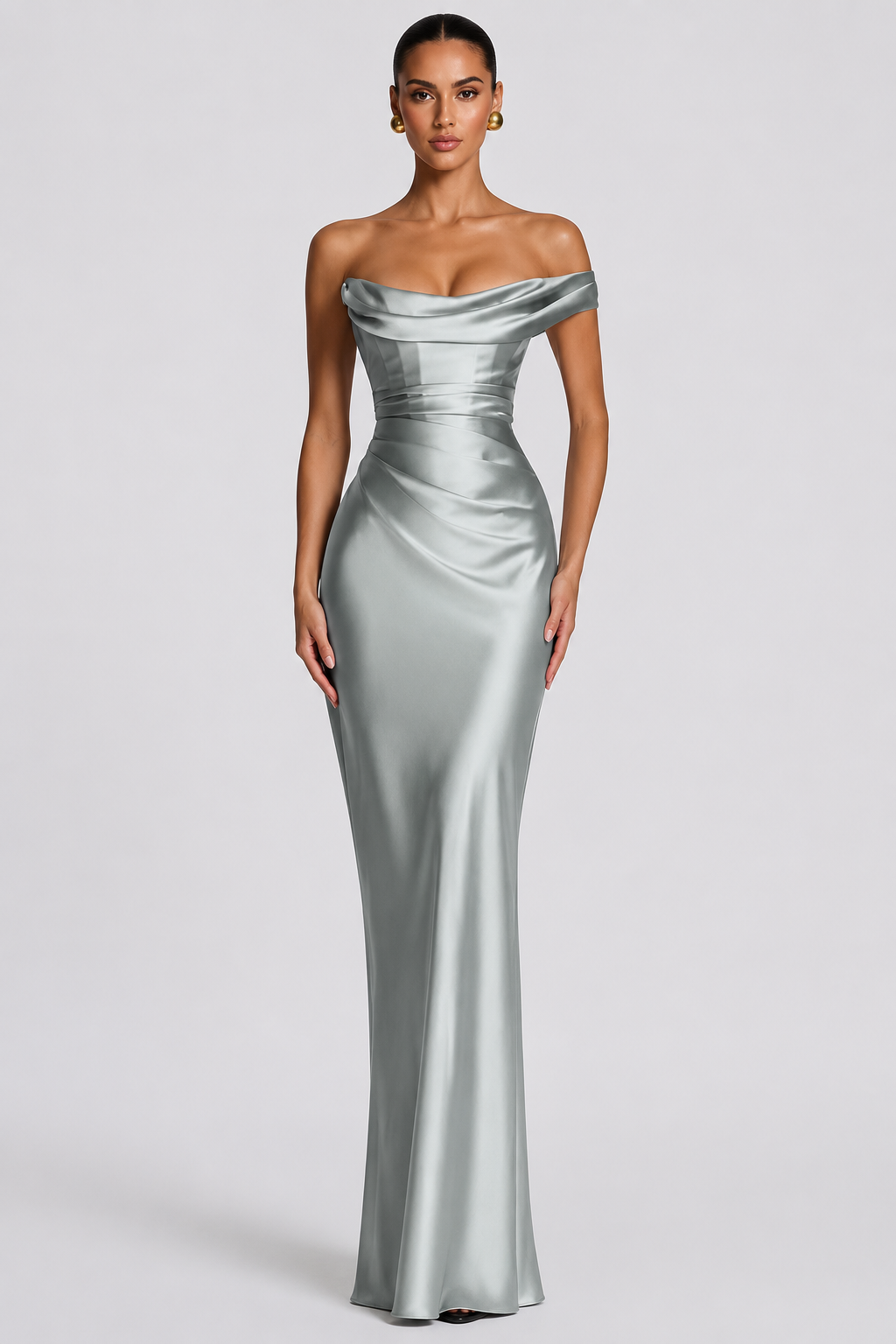 Draped Off-Shoulder Satin Column Gown