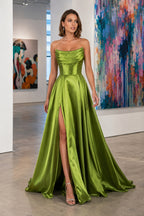 Draped Strapless High-Slit A-Line Evening Gown