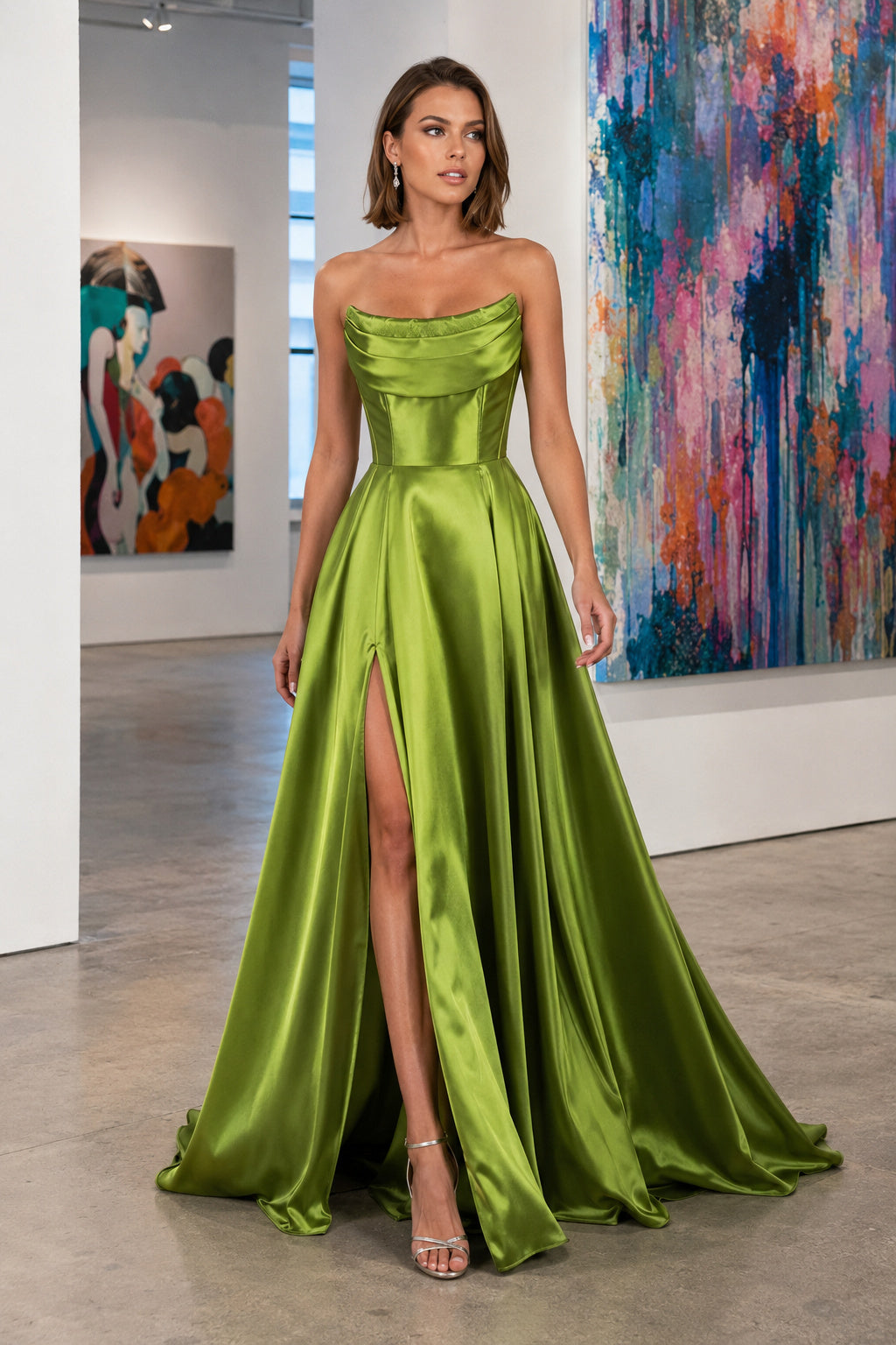 Draped Strapless High-Slit A-Line Evening Gown