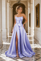 Draped Strapless High-Slit A-Line Evening Gown