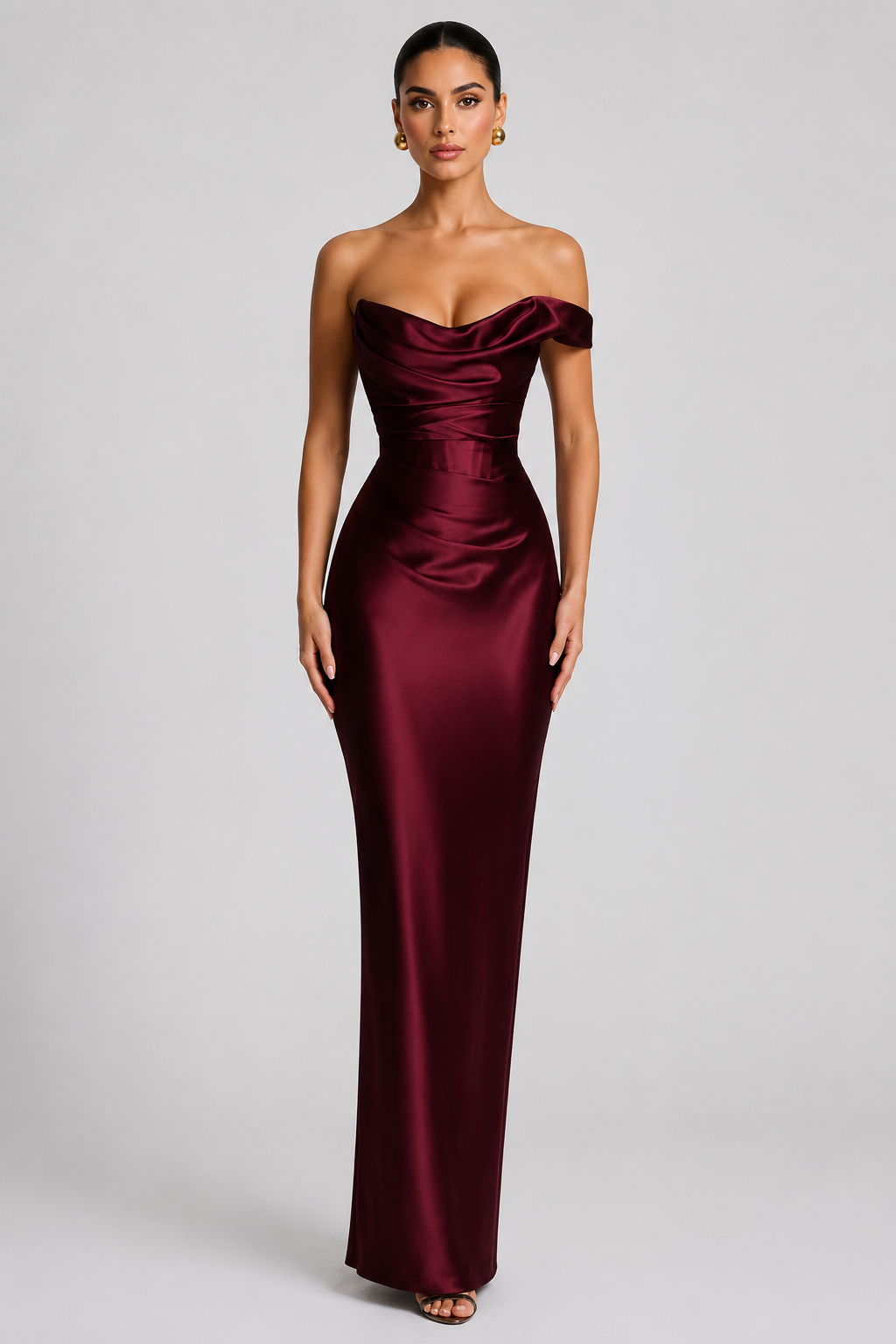 Draped Off-Shoulder Satin Column Gown
