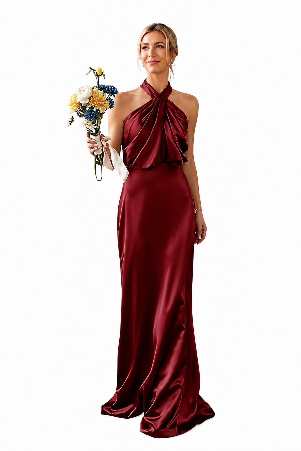 Asymmetric Draped Halter A-Line Evening Gown