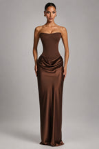 Strapless Draped Column Evening Gown