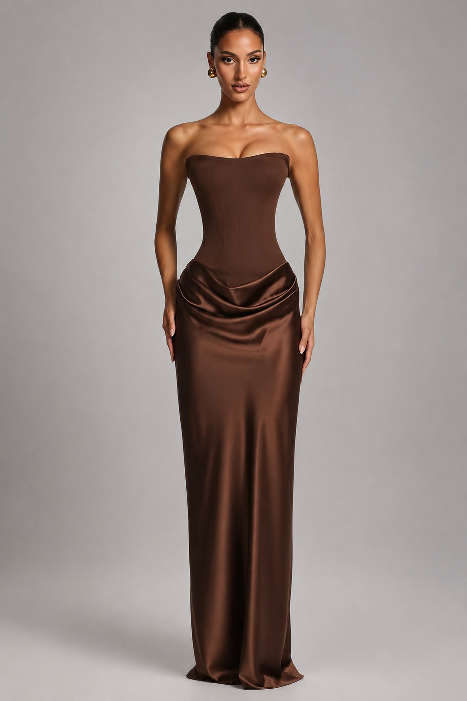 Strapless Draped Column Evening Gown