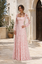 Pink Floral Appliqué Square-Neck A-Line Gown
